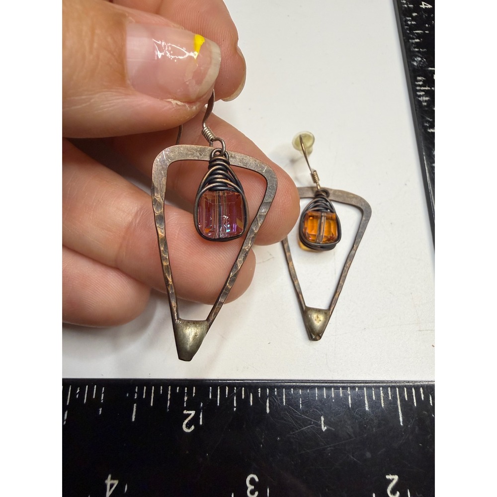 Artisan Mixed Metal Geometric Triangle Drop Earrings Amber Iridescent Glass Bead